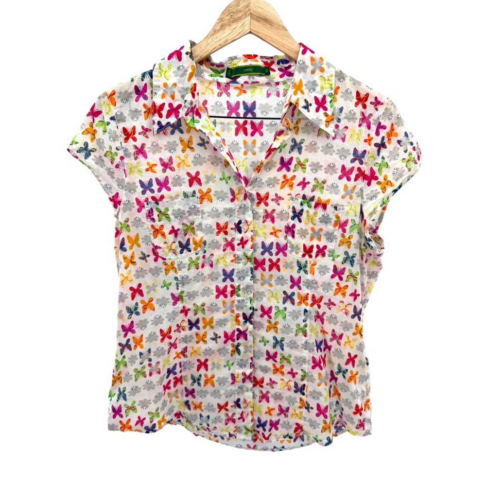 Vintage Oilily Butterfly Print Blouse Top Cotton Voile Cap Sleeve Whimsical M